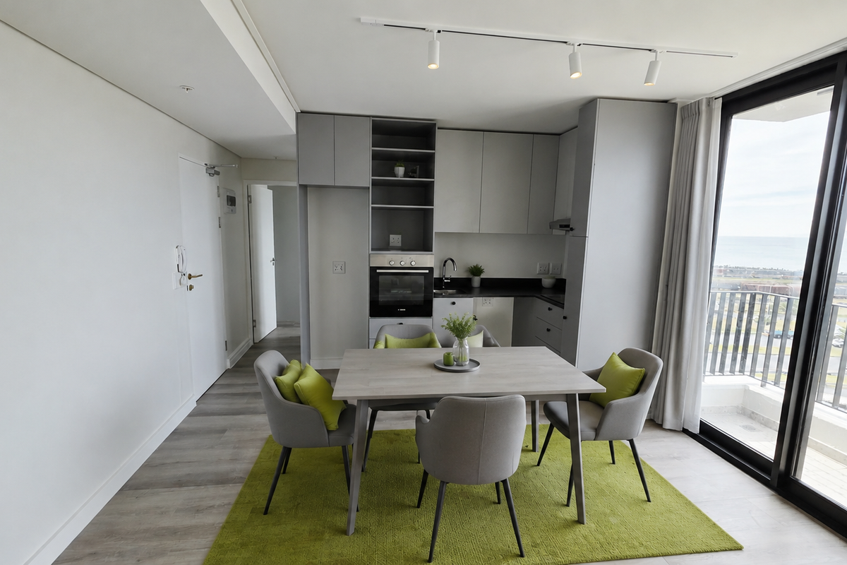 Modern open-plan kitchen and dining area featuring sleek grey cabinetry, integrated oven, track lighting, and direct access to a balcony with scenic views.