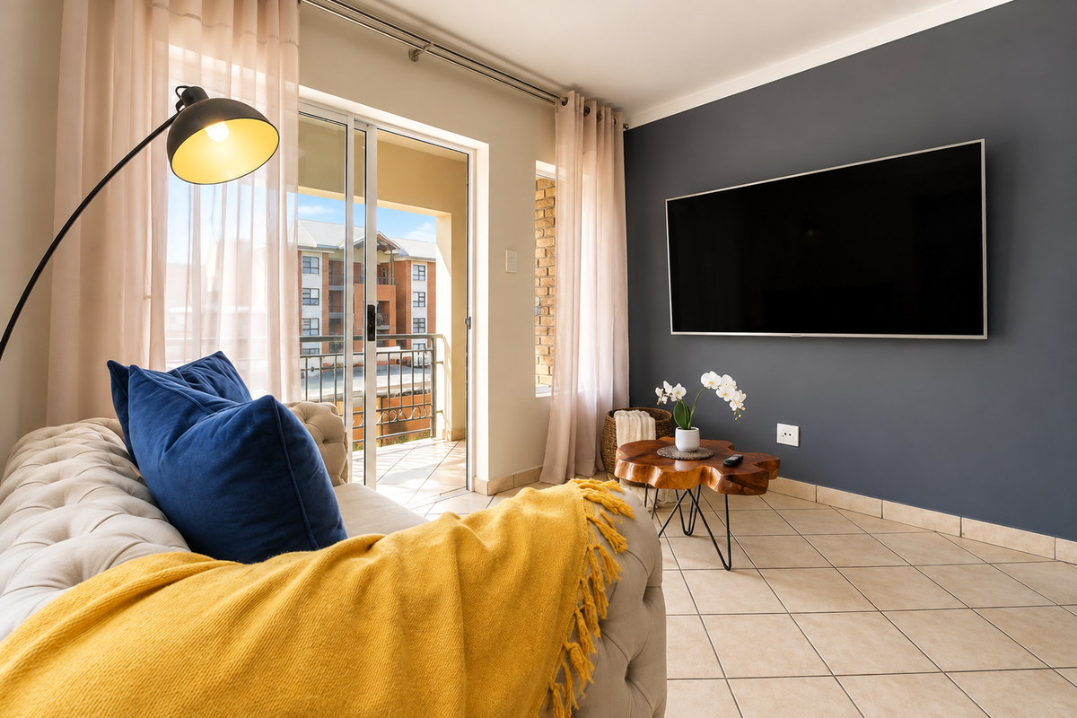 A bright living room featuring tiled flooring, a dark accent wall, and a sliding glass door providing access to a private balcony.