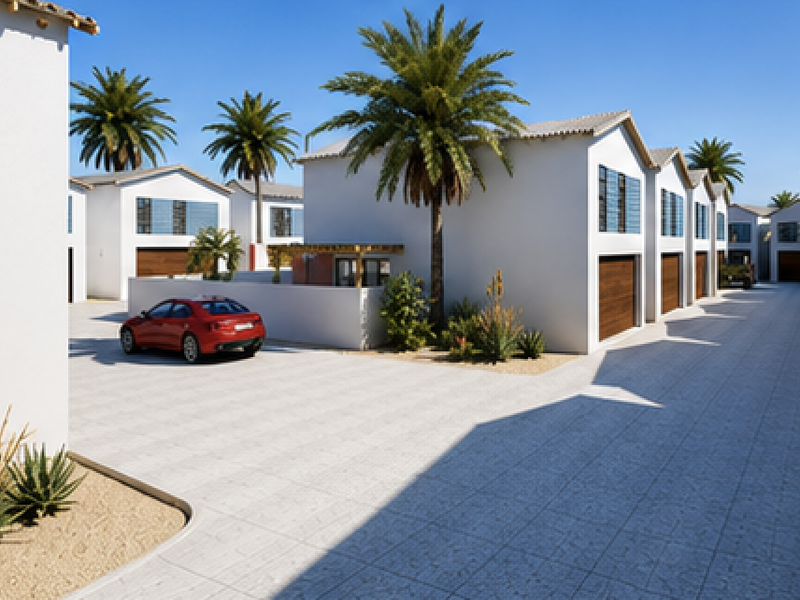 A view of a modern townhouse complex featuring paved driveways, multiple garage doors, and clean white exterior facades.