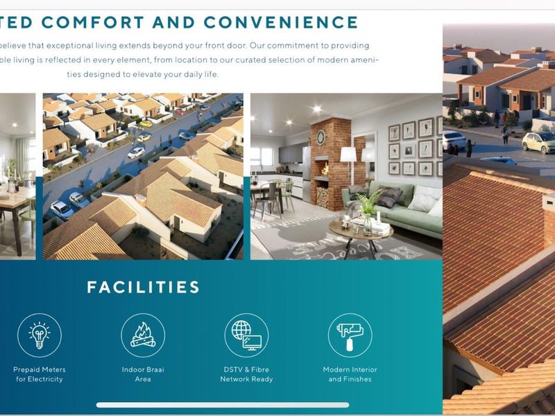 A promotional marketing collage showcasing residential estate amenities, including modern interior finishes, indoor braai areas, and aerial views of the housing development.