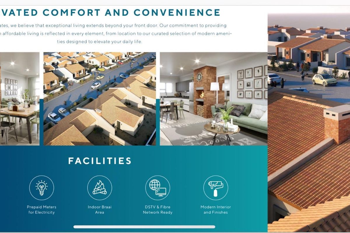 A promotional marketing collage showcasing residential estate amenities, including modern interior finishes, indoor braai areas, and aerial views of the housing development.