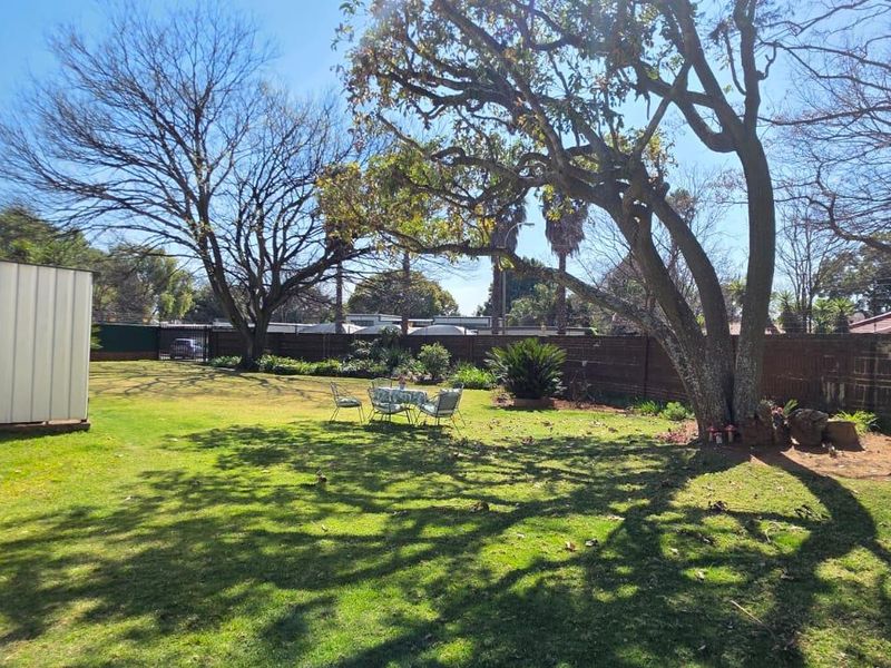 A spacious backyard garden featuring a well-maintained lawn, mature trees, and a perimeter boundary wall.