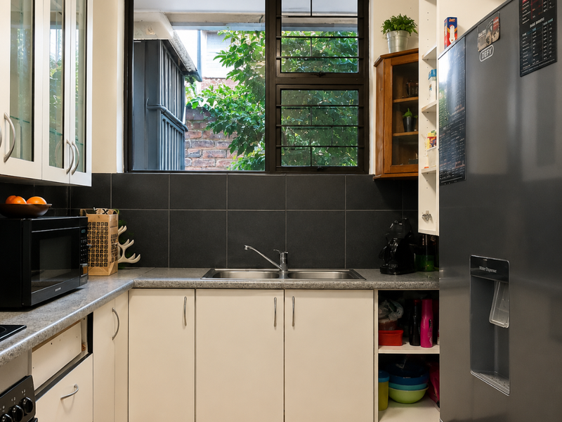 A functional kitchen featuring white cabinetry, dark tiled backsplash, stone countertops, and a double sink with a window view.