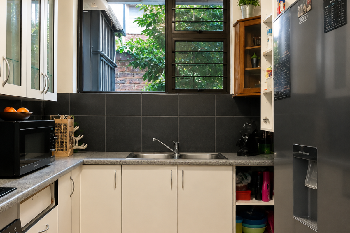 A functional kitchen featuring white cabinetry, dark tiled backsplash, stone countertops, and a double sink with a window view.