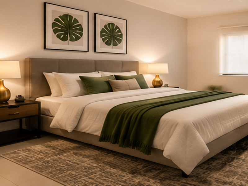 A well-appointed bedroom featuring neutral wall finishes, tiled flooring, and a fitted roller blind for privacy.