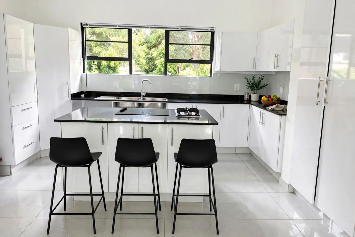 Modern kitchen featuring glossy white cabinetry, black stone countertops, a central island with a built-in hob, and large windows providing natural light.