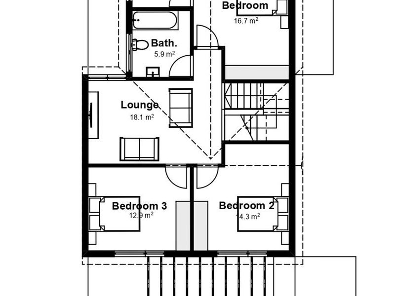 A detailed architectural floor plan of the first floor, showing the layout of three bedrooms, two bathrooms, and a lounge area.