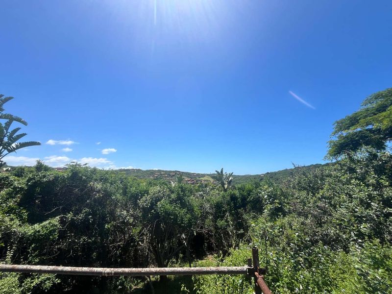 A scenic view overlooking dense natural vegetation and rolling hills under a clear blue sky.