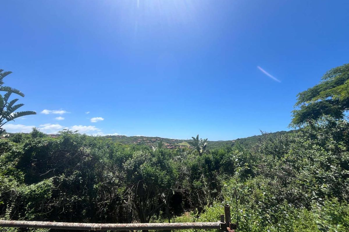 A scenic view overlooking dense natural vegetation and rolling hills under a clear blue sky.