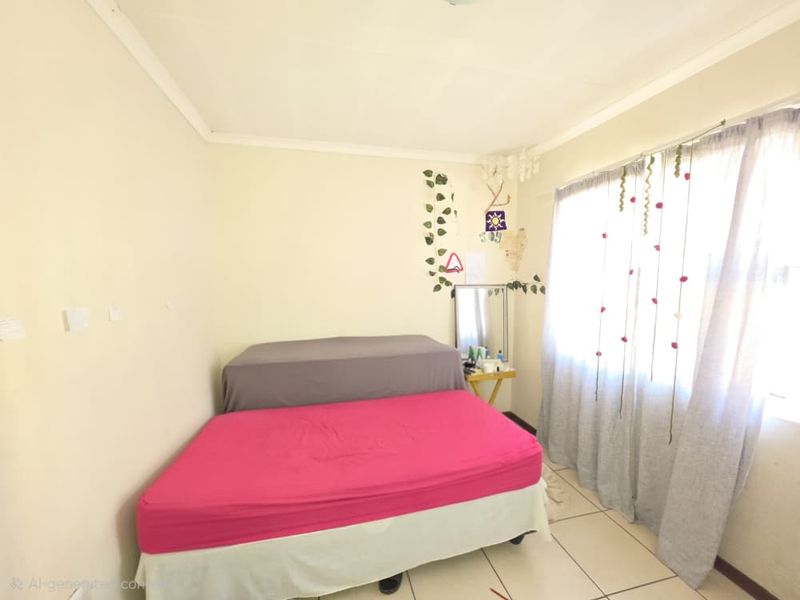 A bedroom featuring tiled flooring and natural light from a window with curtain rails installed.