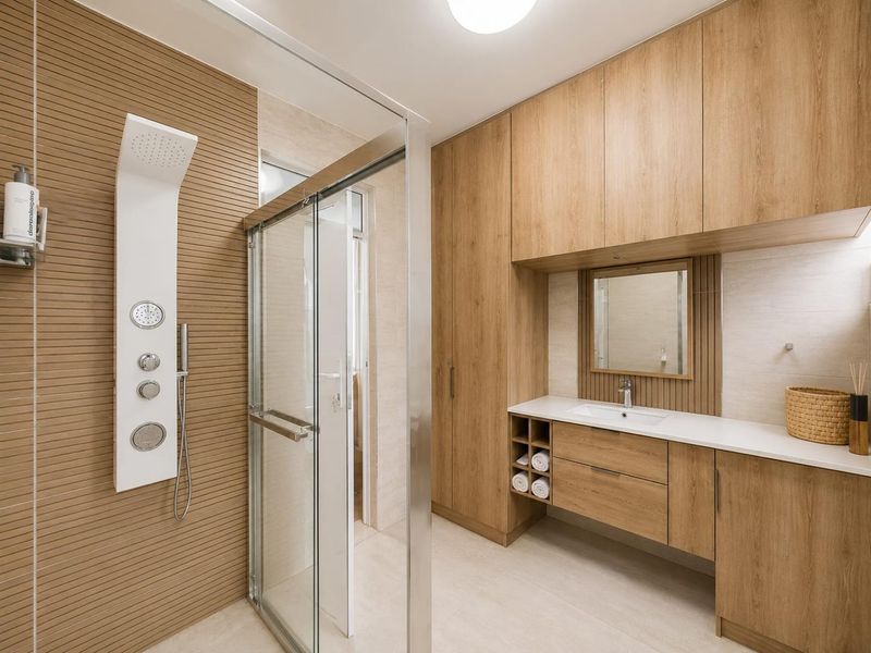 Modern bathroom featuring a sleek shower panel, glass enclosure, and extensive built-in wood-look cabinetry with an integrated vanity sink.