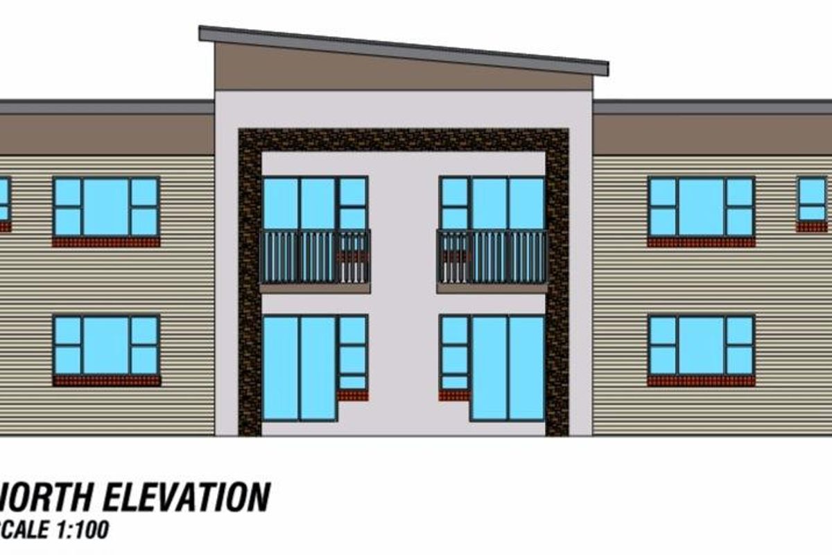 Architectural north elevation drawing for a proposed residential building, showcasing the facade design, window placement, and balcony structures.