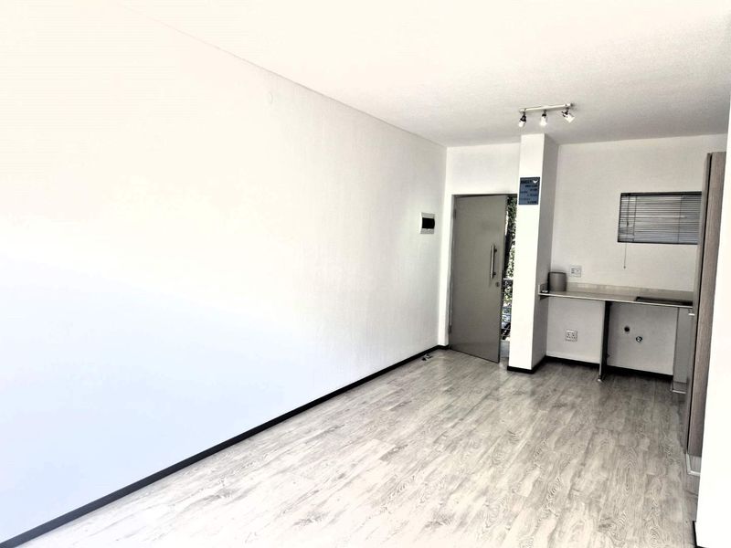An open-plan living and kitchen area featuring light-toned laminate flooring, neutral walls, and a compact built-in kitchen counter with track lighting.