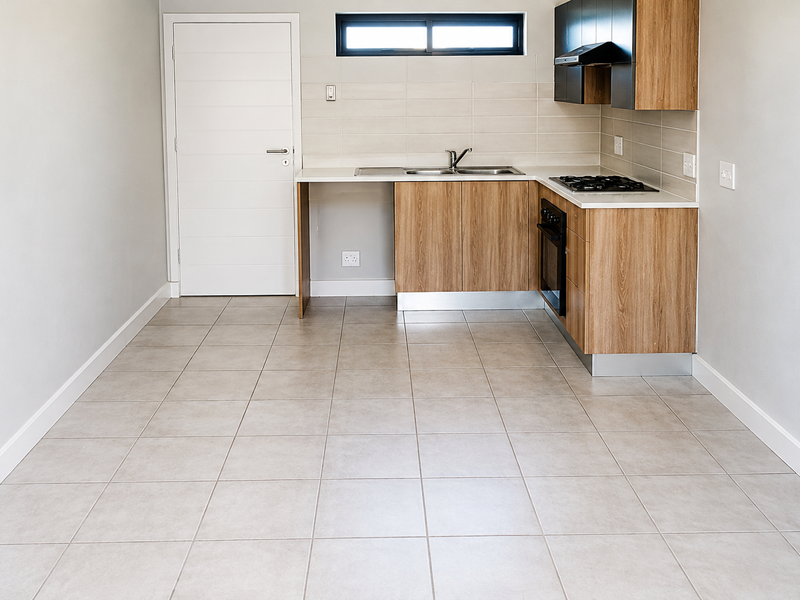 A modern, empty kitchen featuring wood-finish cabinetry, stone countertops, a built-in hob and oven, and neutral tiled flooring.