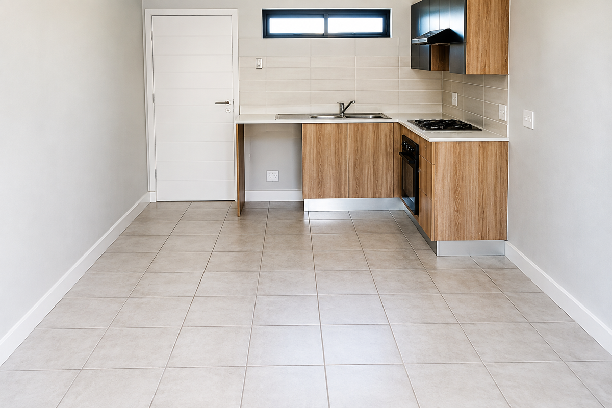 A modern, empty kitchen featuring wood-finish cabinetry, stone countertops, a built-in hob and oven, and neutral tiled flooring.