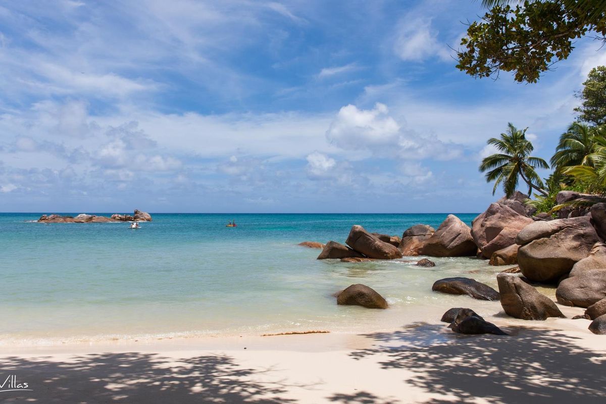 A scenic view of a pristine sandy beach with large granite boulders, tropical palm trees, and clear turquoise ocean waters.