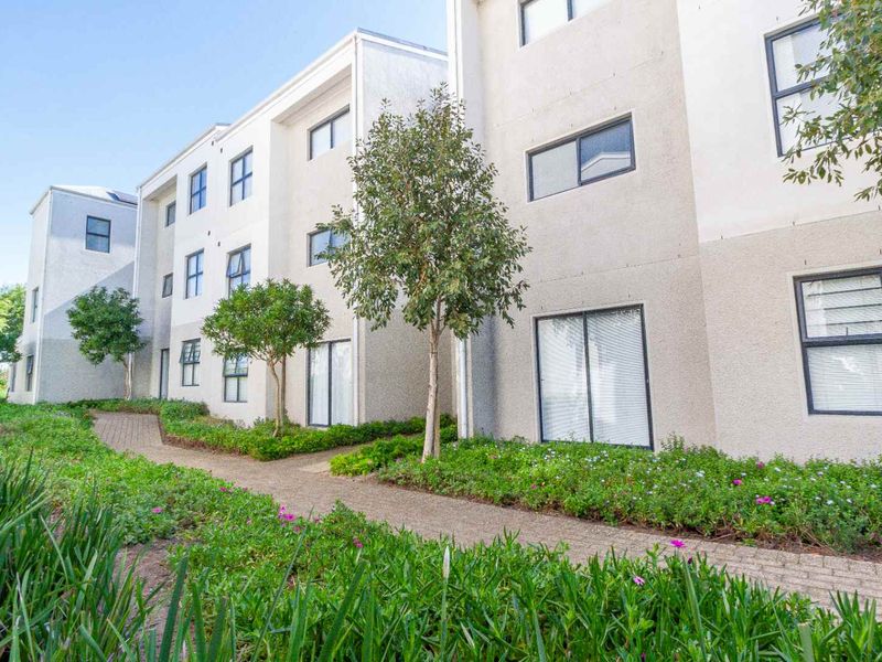 A view of the rear apartment building facade featuring a paved walkway and established garden landscaping.