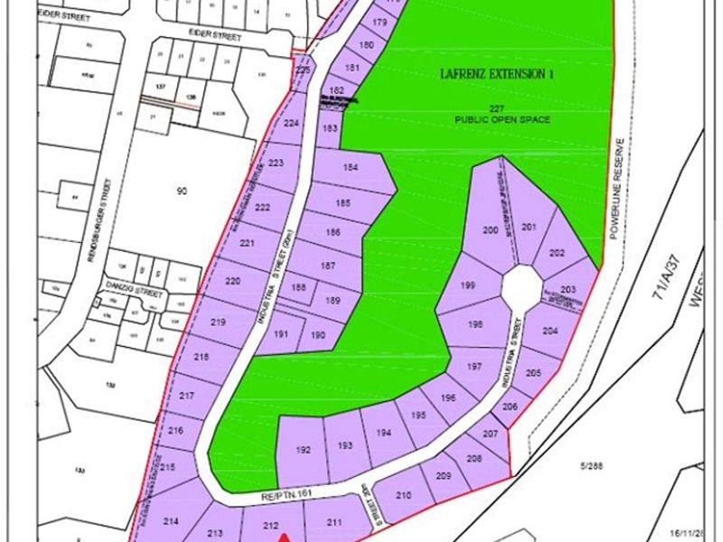 A subdivision layout plan for Lafrenz Extension 1, highlighting specific industrial erven and public open spaces in relation to surrounding streets and bypasses.