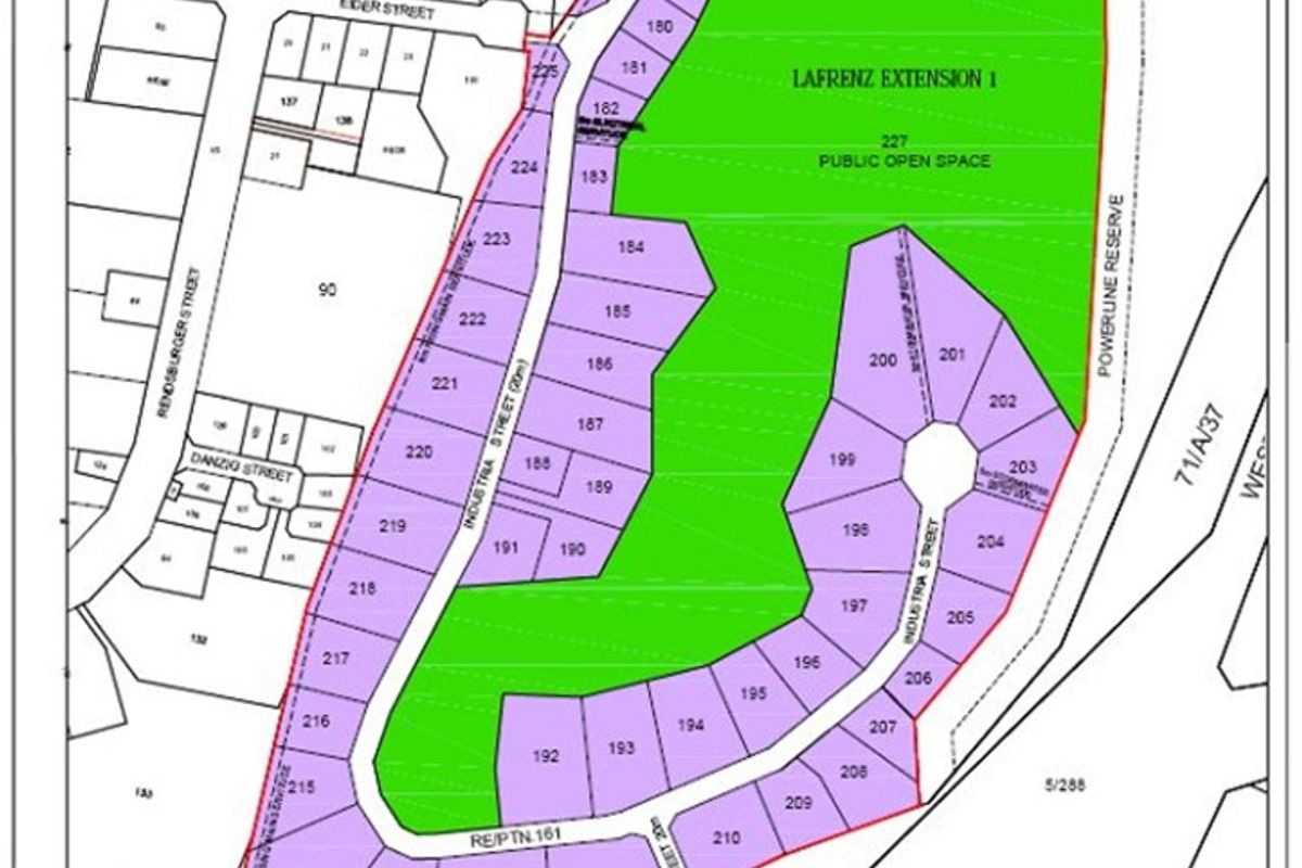 A subdivision layout plan for Lafrenz Extension 1, highlighting specific industrial erven and public open spaces in relation to surrounding streets and bypasses.