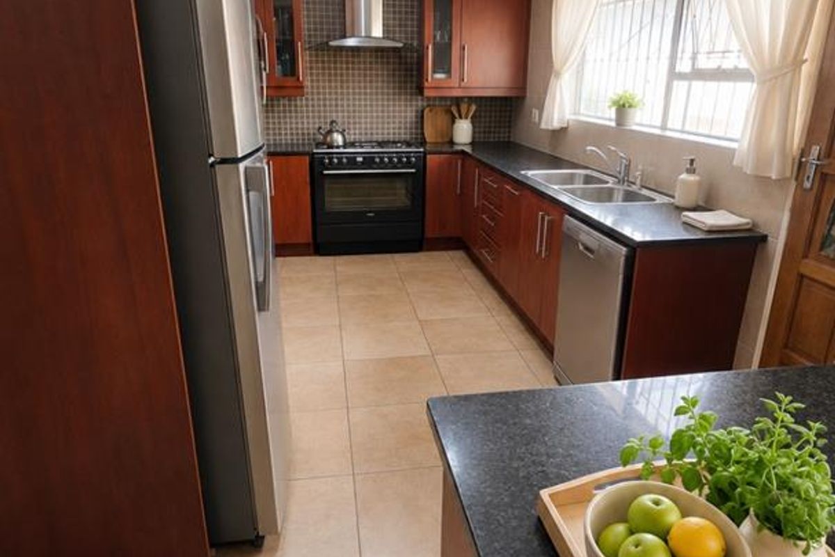 A well-maintained kitchen featuring dark wood cabinetry, granite countertops, a gas hob with extractor fan, and tiled flooring.