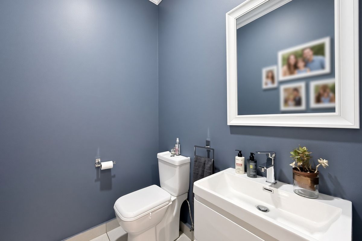 A modern powder room featuring a sleek white vanity, basin, and toilet against a contemporary blue wall finish.