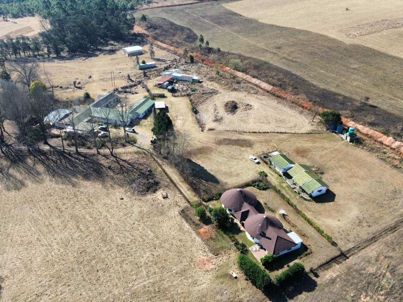 Aerial view of a large farm property featuring multiple residential buildings, outbuildings, and expansive surrounding agricultural land.