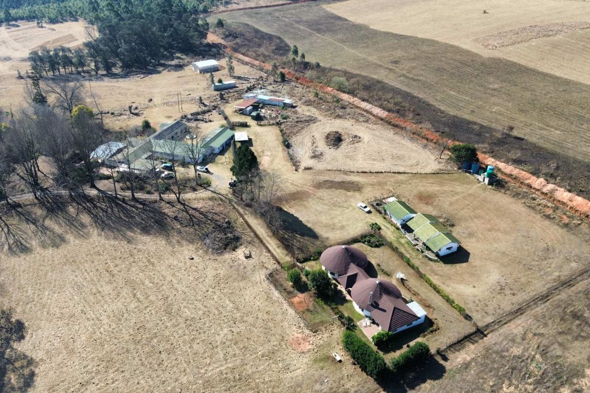 Aerial view of a large farm property featuring multiple residential buildings, outbuildings, and expansive surrounding agricultural land.