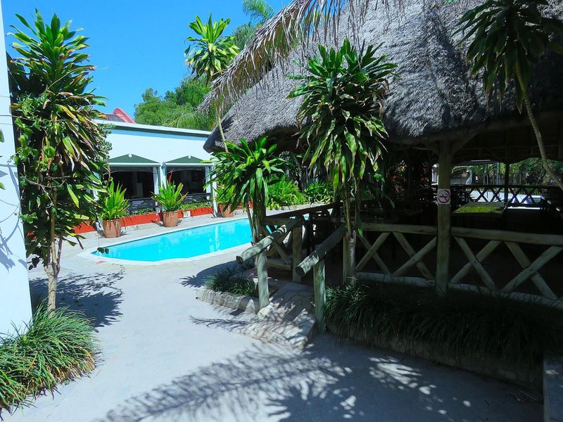 Outdoor pool area featuring a swimming pool and a traditional thatched roof gazebo with timber railings, set within a landscaped garden environment.