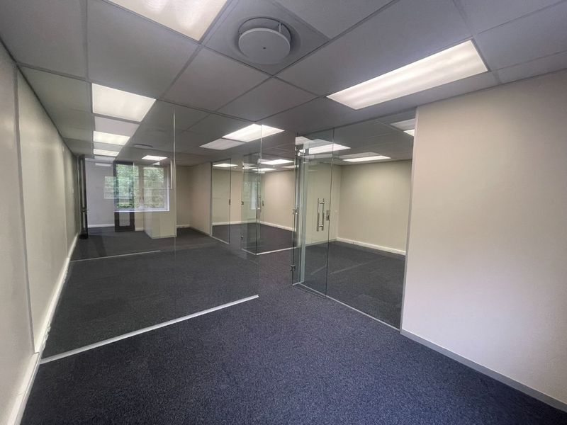 A modern, vacant office space featuring glass partitions, carpeted flooring, and a suspended ceiling with recessed lighting, offering a clean and professional work environment.