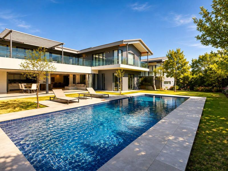 A modern luxury residence featuring a pristine swimming pool, expansive tiled patio, and seamless indoor-outdoor flow through large sliding glass doors.