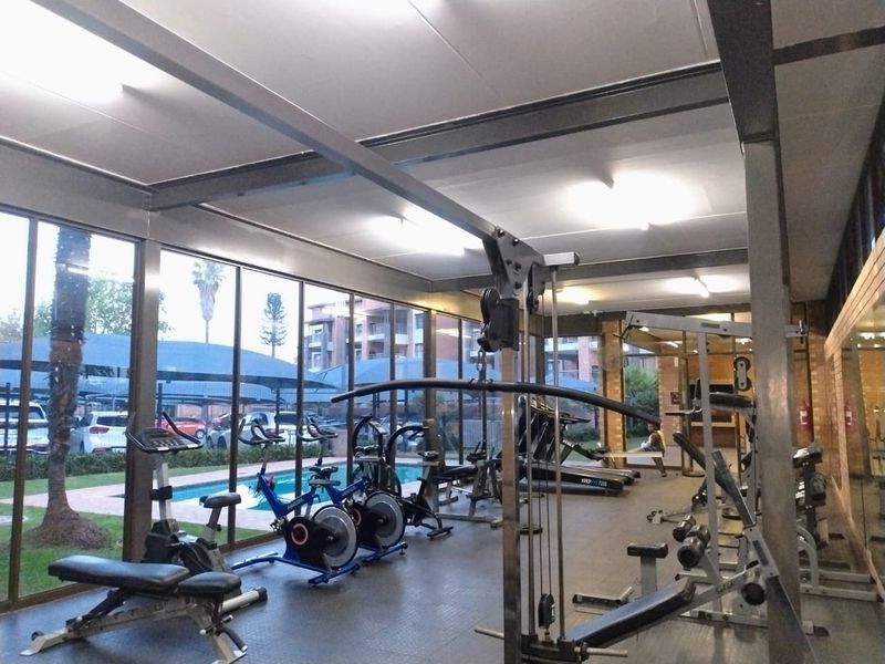 A well-lit communal gym facility featuring floor-to-ceiling windows with views of the pool area, exposed steel beams, and durable rubberized flooring.