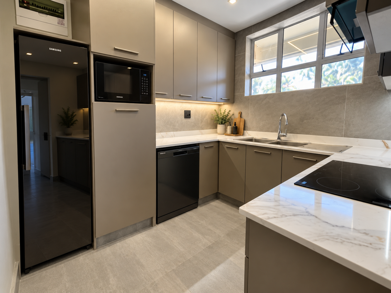 Modern kitchen featuring sleek taupe cabinetry, marble-look stone countertops, integrated appliances, and high-quality finishes with ample natural light.