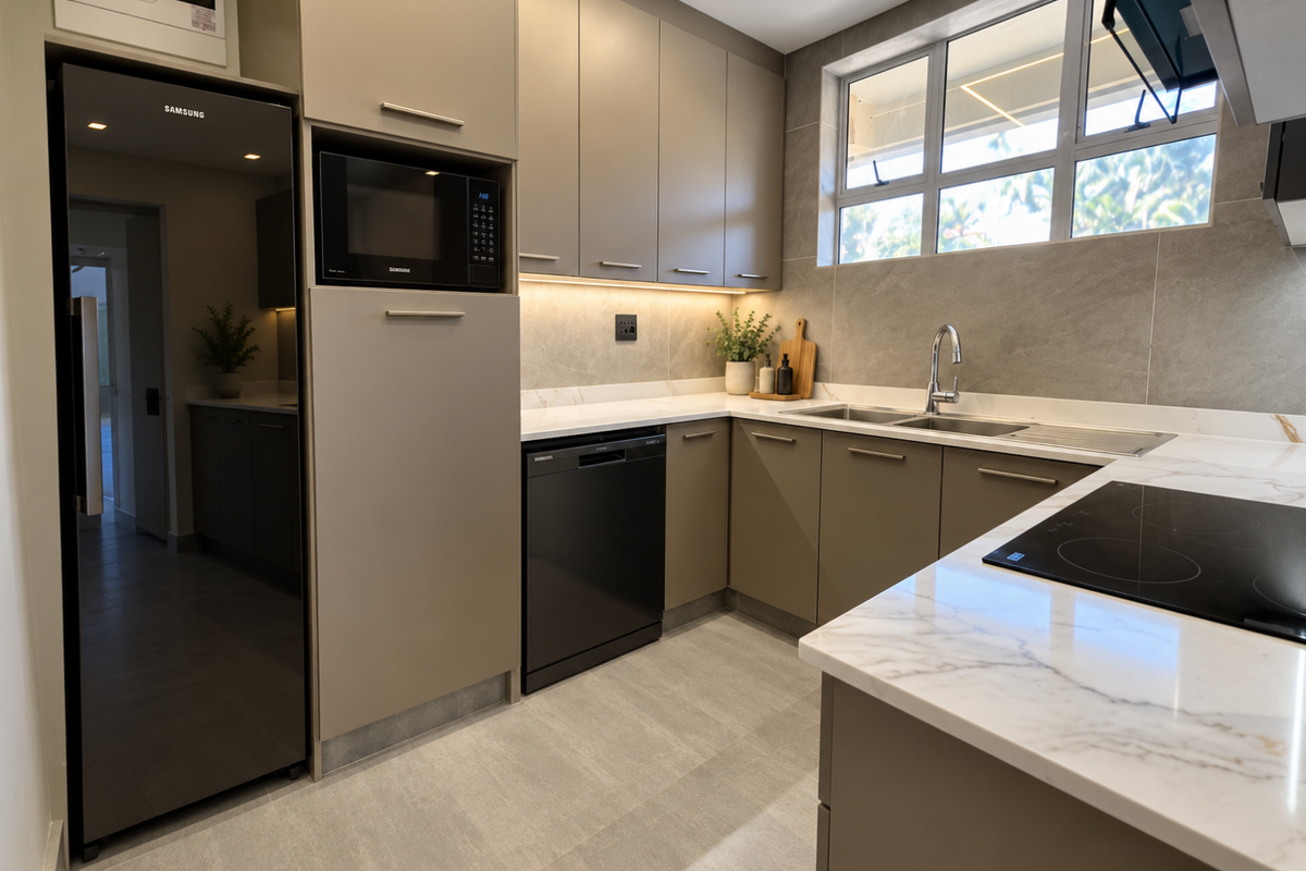 Modern kitchen featuring sleek taupe cabinetry, marble-look stone countertops, integrated appliances, and high-quality finishes with ample natural light.