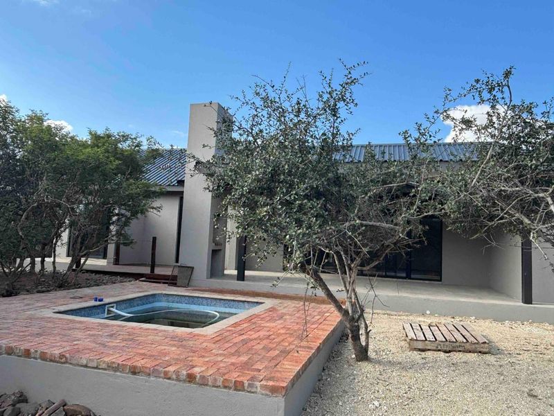 Rear exterior view featuring a sunken pool with brick surround, a covered patio area, and an integrated outdoor fireplace.