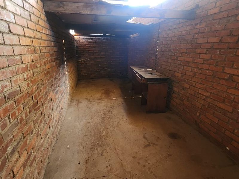 A basic utility space featuring exposed brick walls, a concrete floor, and a corrugated metal roof structure in need of maintenance.