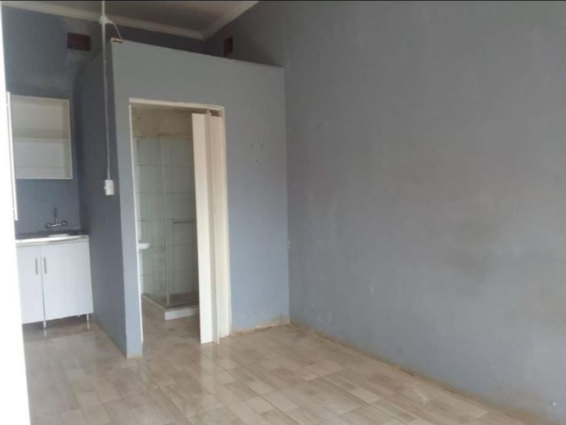 An open-plan living area featuring a compact kitchenette with sink and cabinetry, adjacent to a small enclosed shower room with tiled flooring throughout.