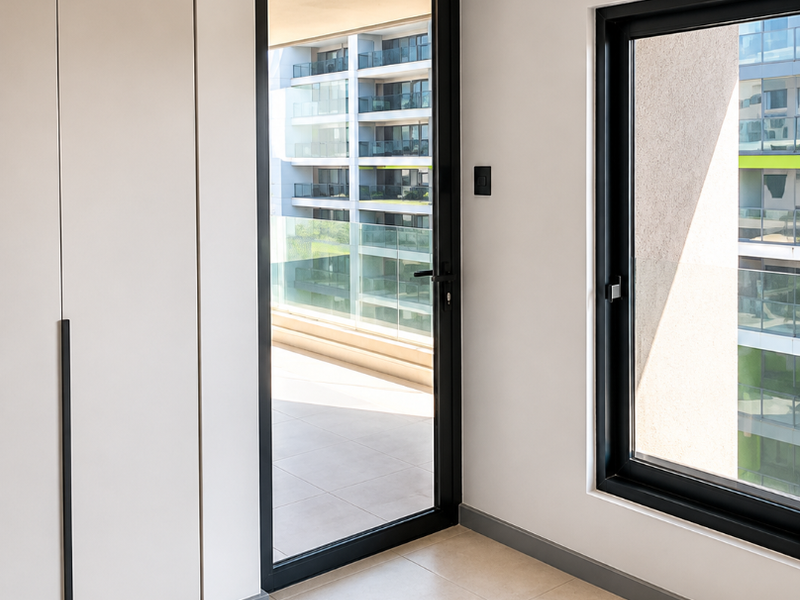 A bright, modern bedroom featuring neutral tiled flooring, built-in cupboards, and direct access to a private balcony through a glass door.