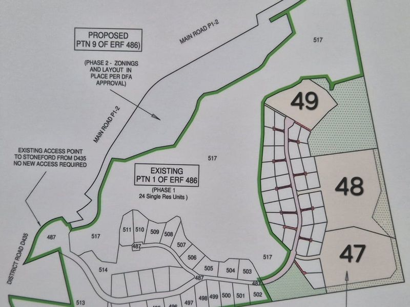 A cadastral layout plan for Stoneford Country Estate, detailing proposed and existing residential erven and road access points.