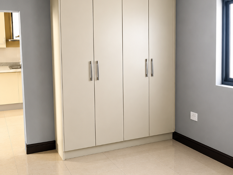 A clean, empty bedroom featuring neutral tiled flooring, grey walls, and a large, modern built-in wardrobe with sleek handles.