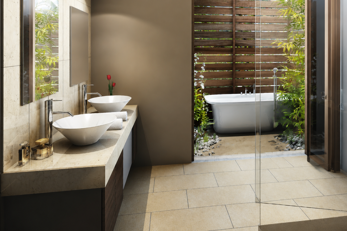 Modern bathroom featuring a double vanity with vessel sinks and a seamless transition to an outdoor area with a freestanding bathtub.