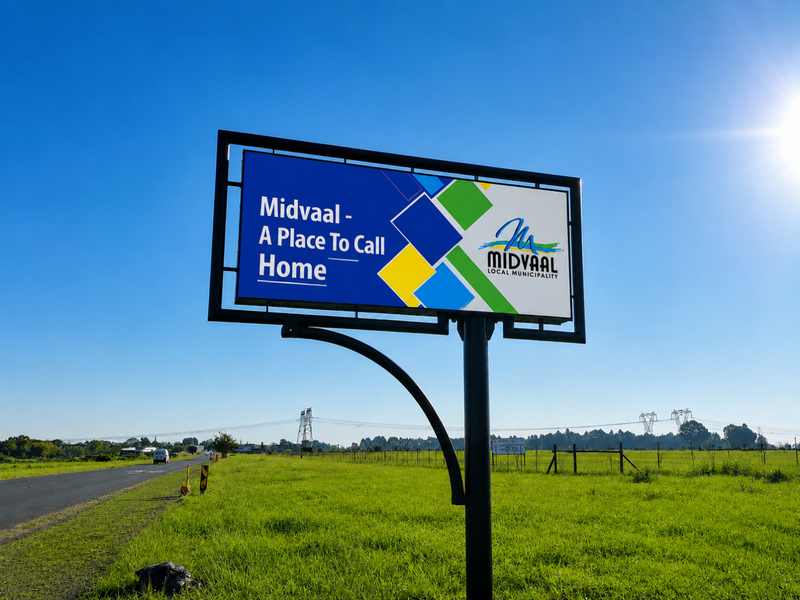 A view of a large municipal billboard situated on a vacant residential plot alongside a road with power lines in the background.