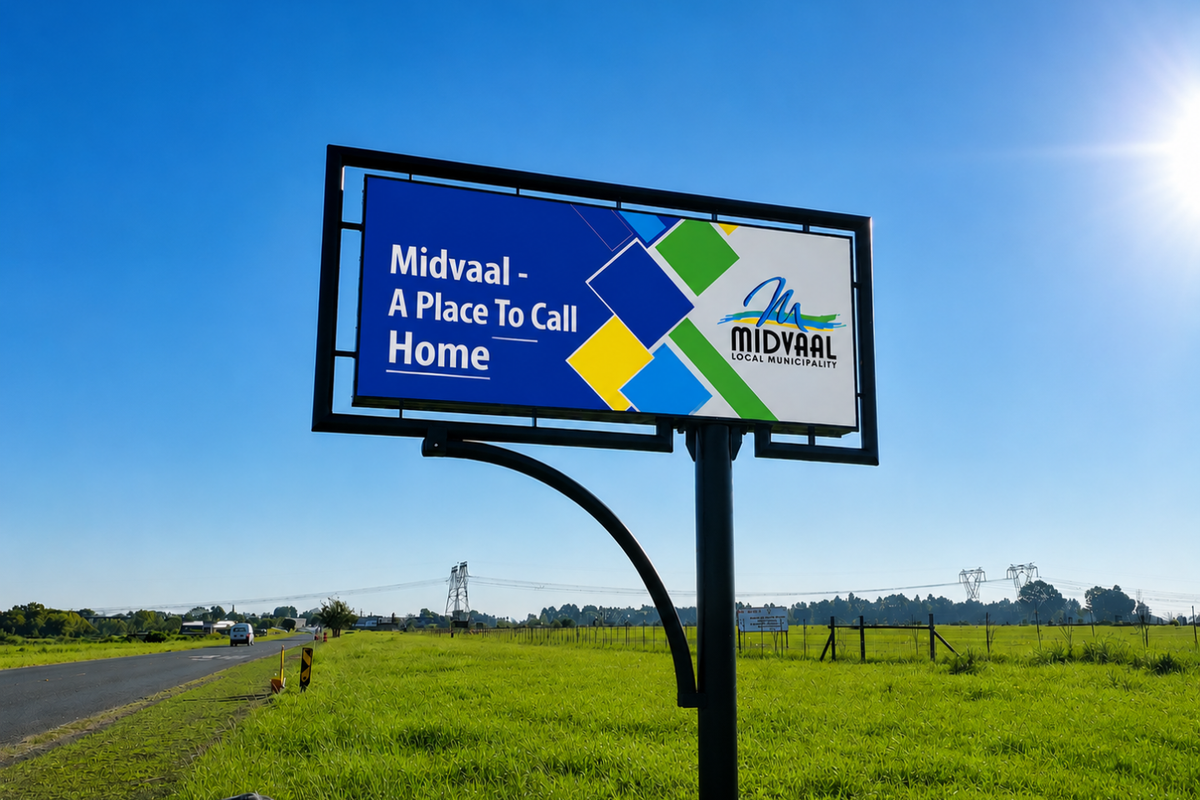 A view of a large municipal billboard situated on a vacant residential plot alongside a road with power lines in the background.