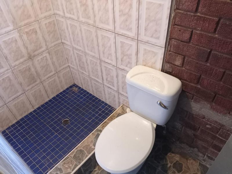 A compact bathroom featuring a toilet and a tiled shower area with exposed brick wall detailing, requiring cosmetic updates to finishes.