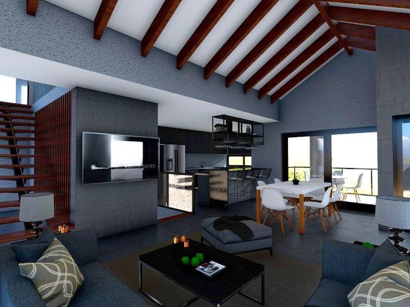 Modern open-plan living area featuring a vaulted ceiling with exposed timber beams, a sleek kitchen, and a staircase leading to an upper level.