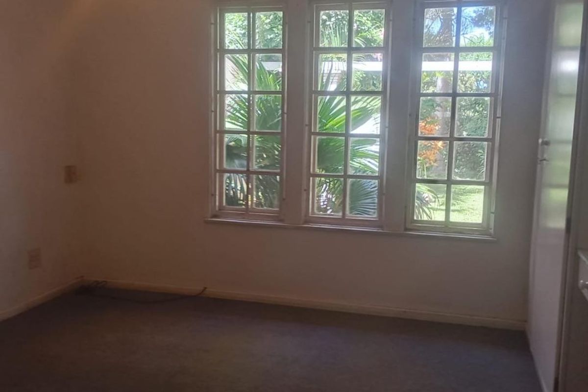 A vacant bedroom featuring a ceiling fan, built-in storage, and large multi-pane windows that provide natural light and garden views.