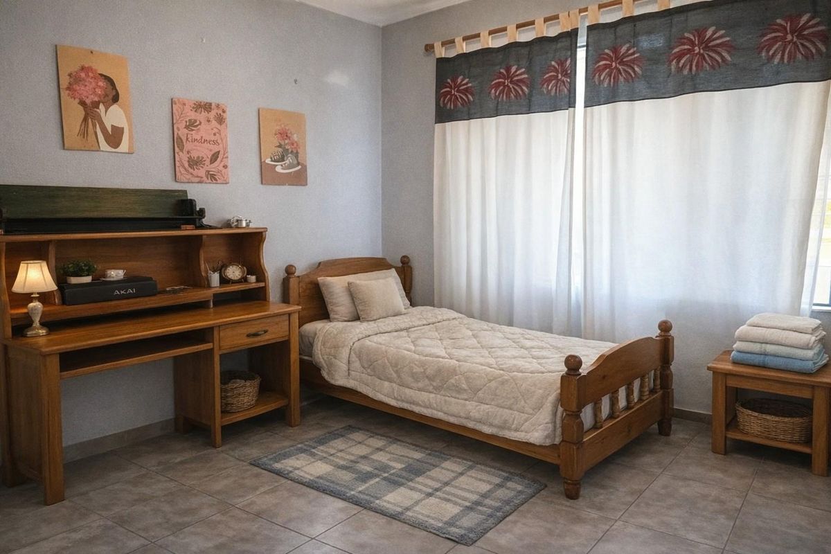 A cozy bedroom featuring tiled flooring and neutral wall tones, providing a functional and comfortable living space.