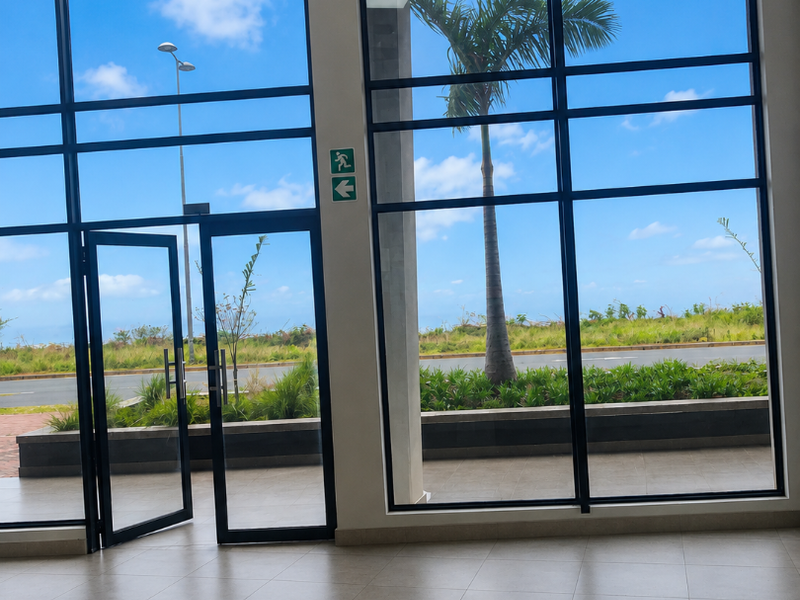 Modern retail entrance featuring expansive floor-to-ceiling glass windows, tiled flooring, and clear views of the exterior landscape.