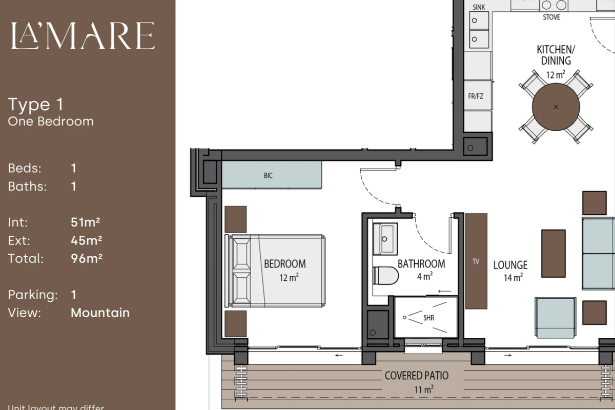 Architectural floor plan for a one-bedroom apartment featuring an open-plan kitchen, lounge, bathroom, and a covered patio.