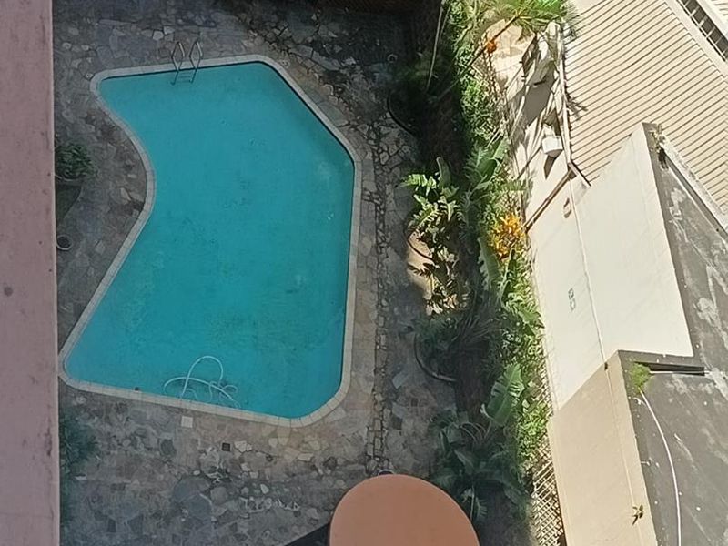An elevated view of a communal swimming pool area featuring stone paving and established garden landscaping.