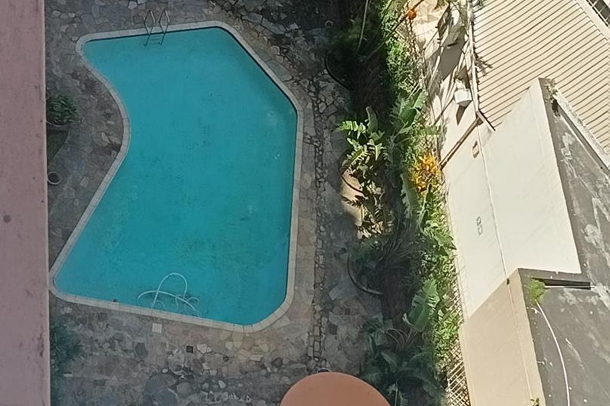 An elevated view of a communal swimming pool area featuring stone paving and established garden landscaping.